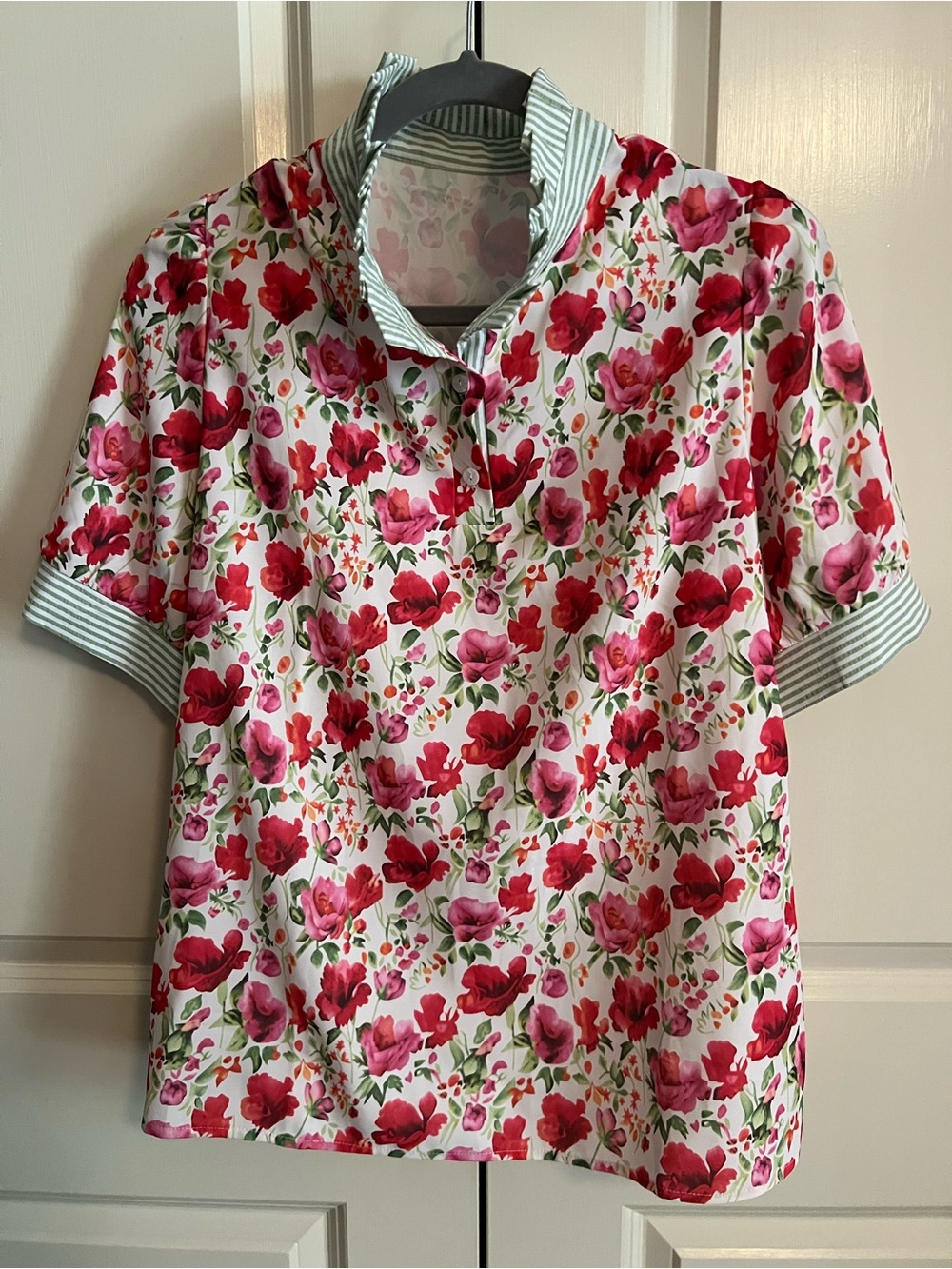 Floral Short Sleeve Blouse with Striped Trim